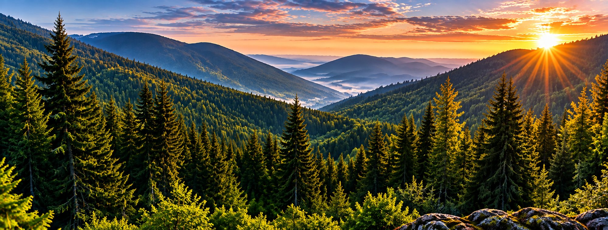 Česká horská krajina při západu slunce